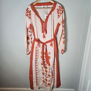 Pomegranate Boho Maxi Dress Paros Embroidered Mango Orange Longsleeve S NWT